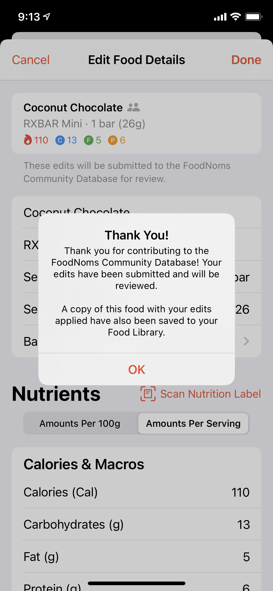 FoodNoms screenshot of thank you dialog after making a food report.