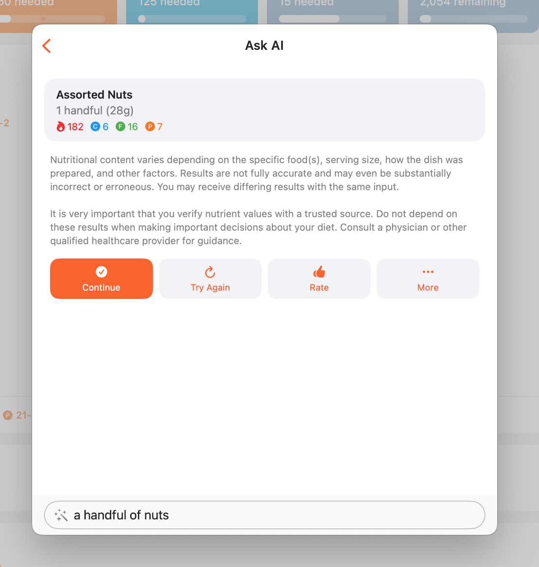 Screenshot of the Ask AI screen with query for a handful of nuts