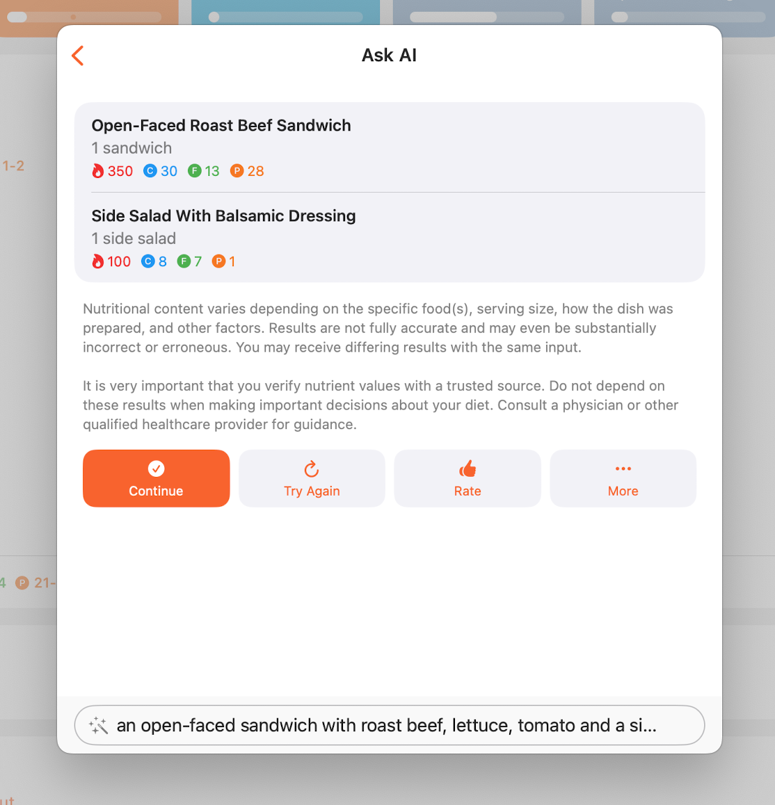 Screenshot of the Ask AI screen with query for an open-faced sandwich with side salad