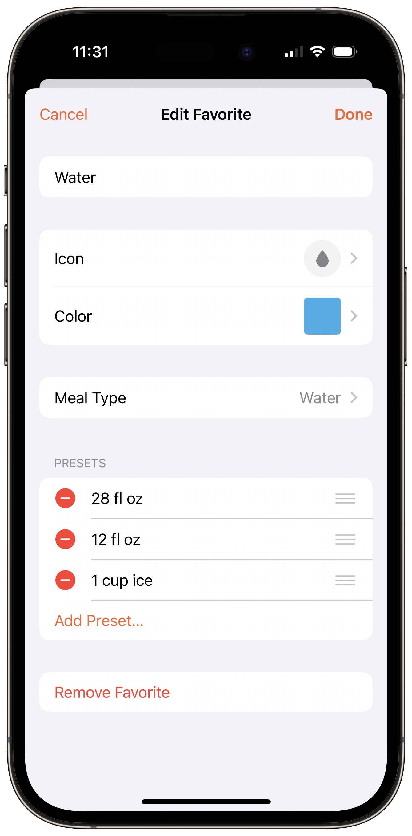Screenshot of a screen editing a 'Water' favorite that shows a Meal Type field set to 'Water'