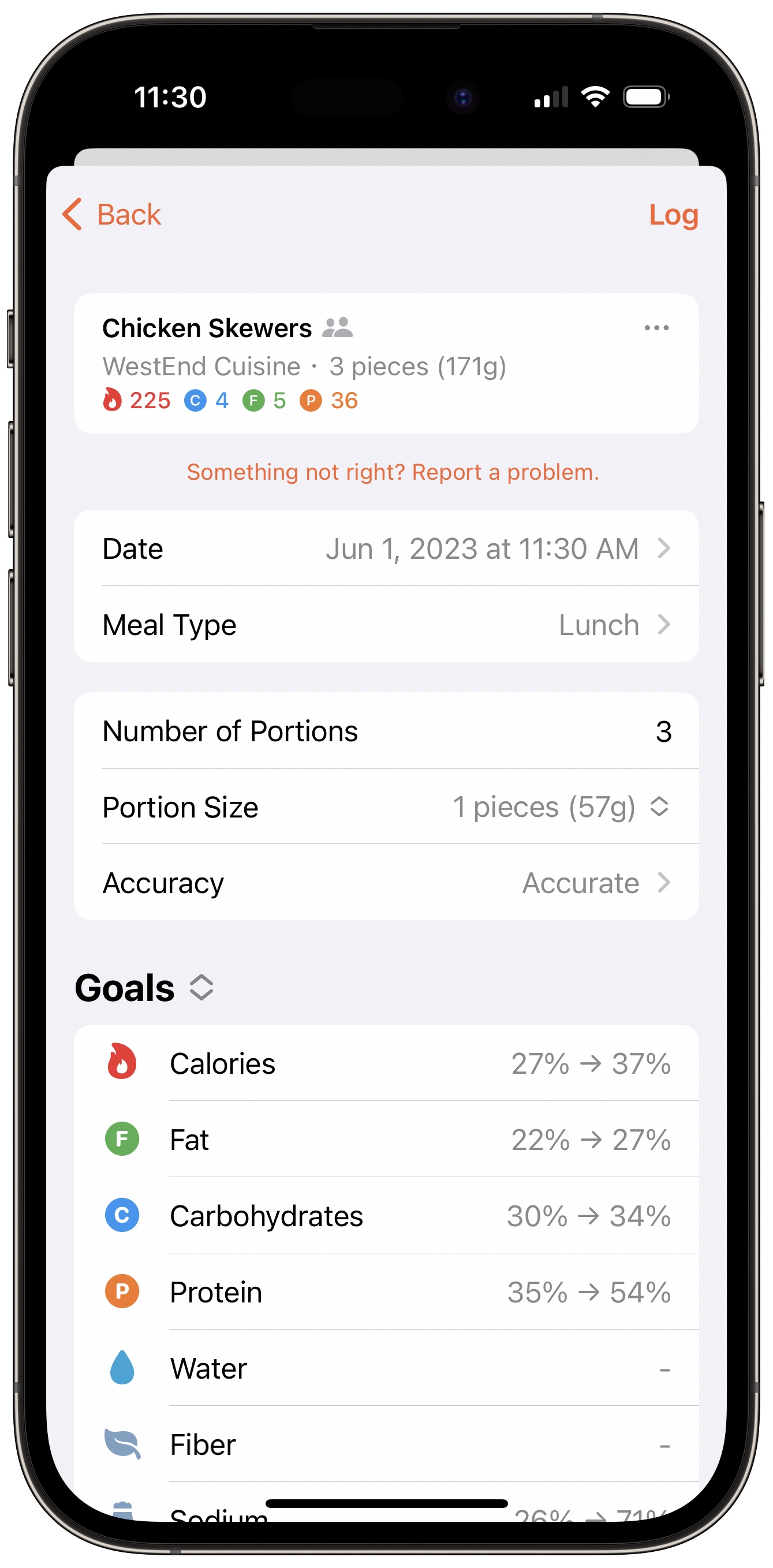 Screenshot of the new Goals view on the food entry screen